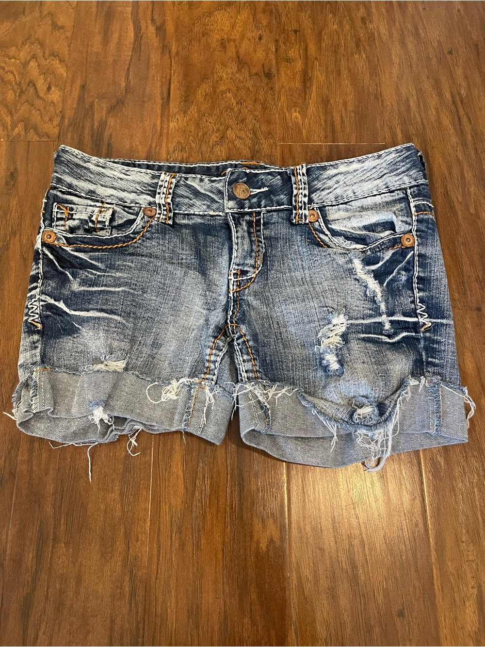 Vanity Medium Wash Distressed Denim Shorts Frayed Hem Cutoff - Women’s Size 28